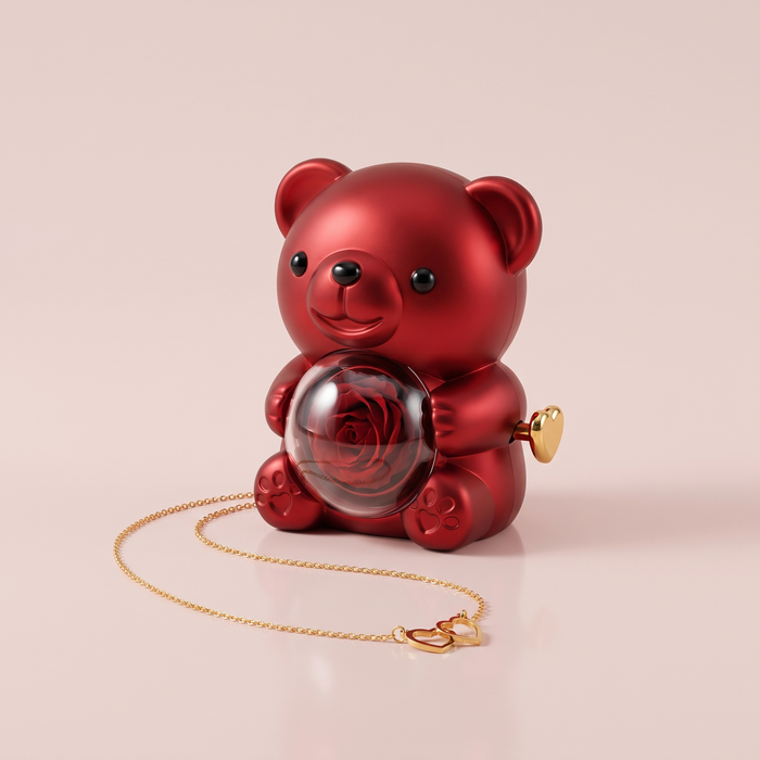 Ours Rose éternelle & collier personnalisé