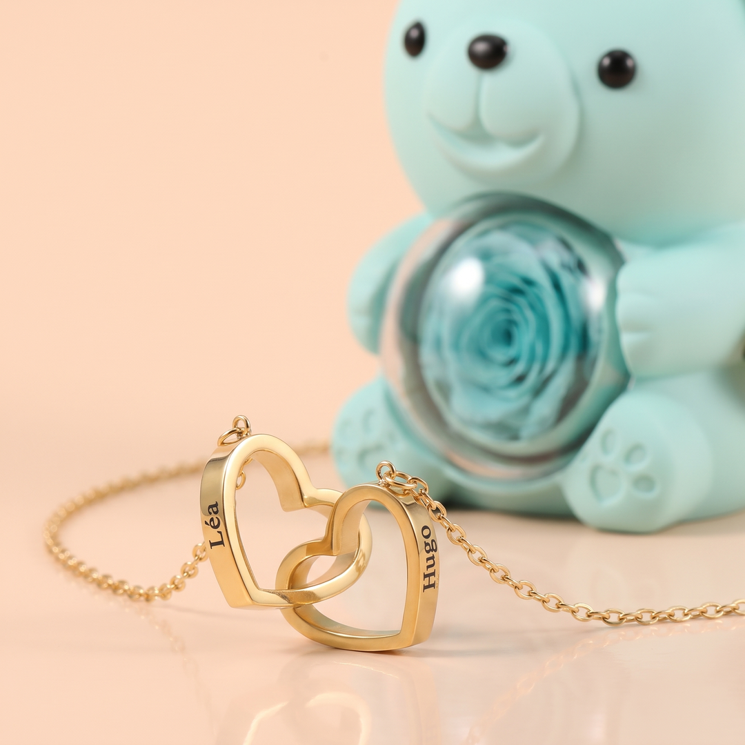 Ours Rose éternelle & collier personnalisé