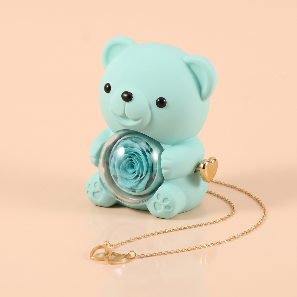 Ours Rose éternelle & collier personnalisé