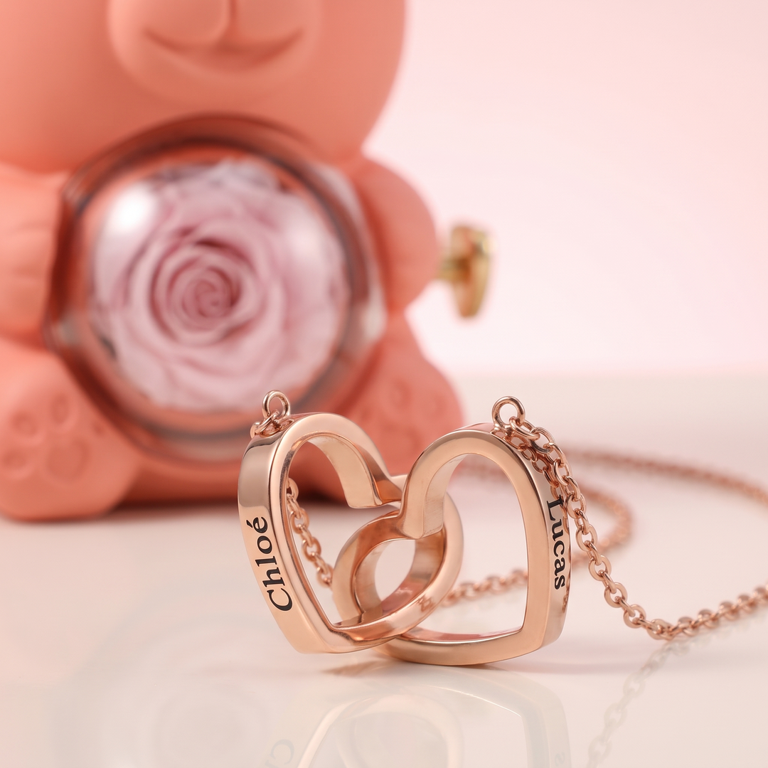 Ours Rose éternelle & collier personnalisé