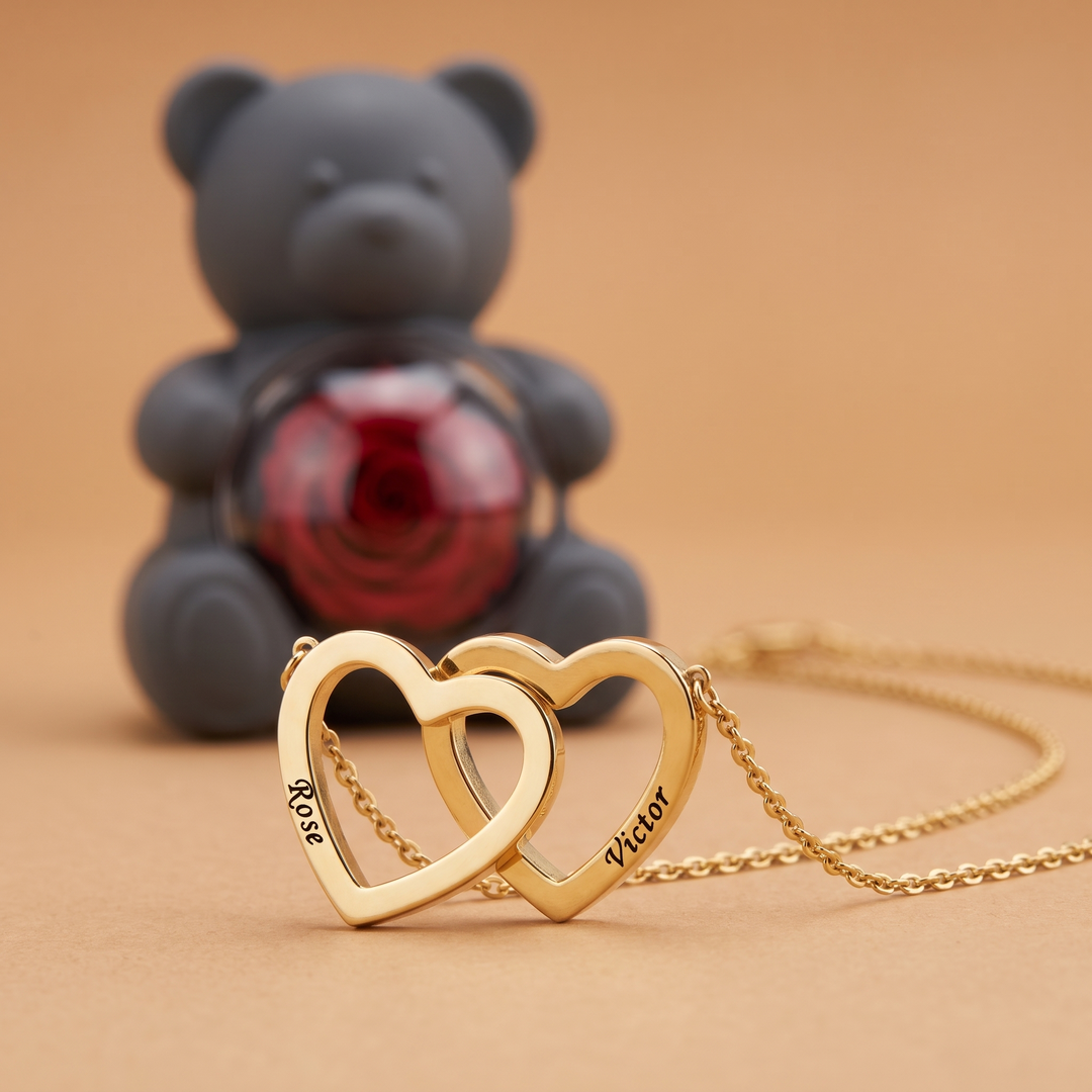 Ours Rose éternelle & collier personnalisé