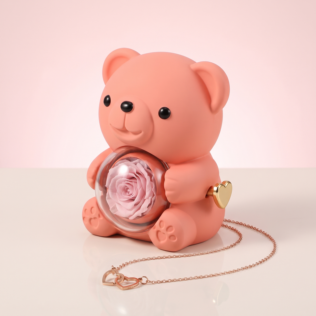 Ours Rose éternelle & collier personnalisé