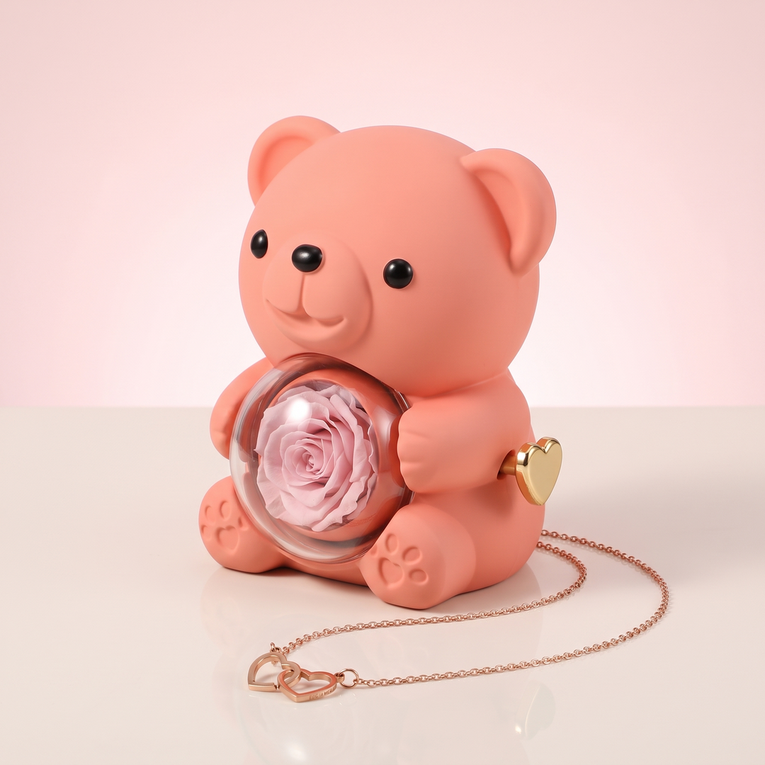 Ours Rose éternelle & collier personnalisé