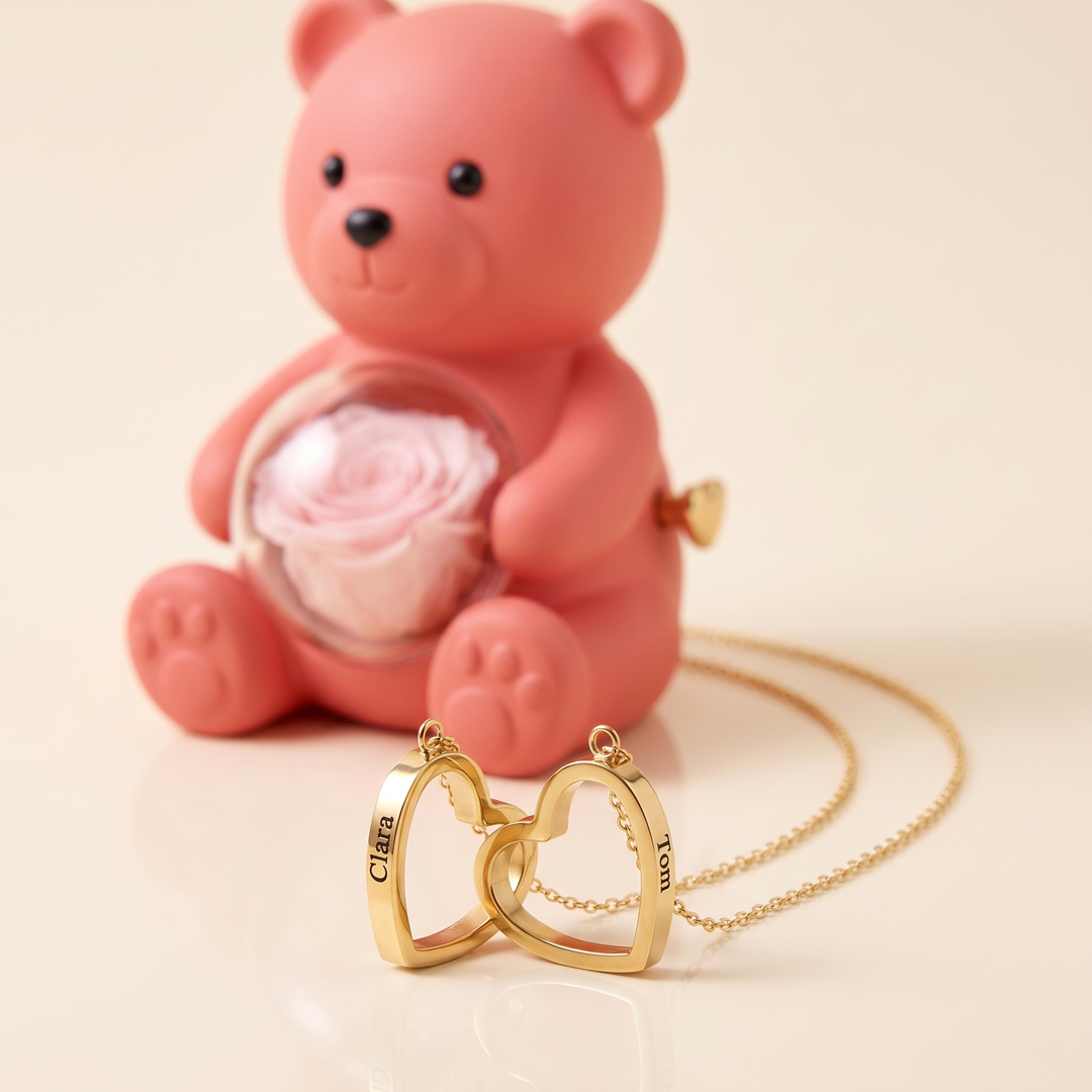 Ours Rose éternelle & collier personnalisé