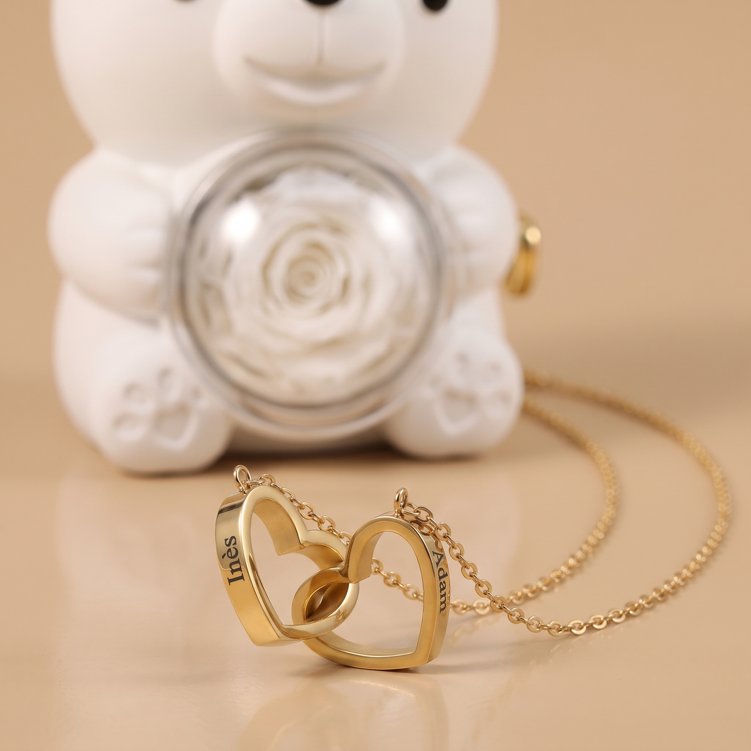 Ours Rose éternelle & collier personnalisé