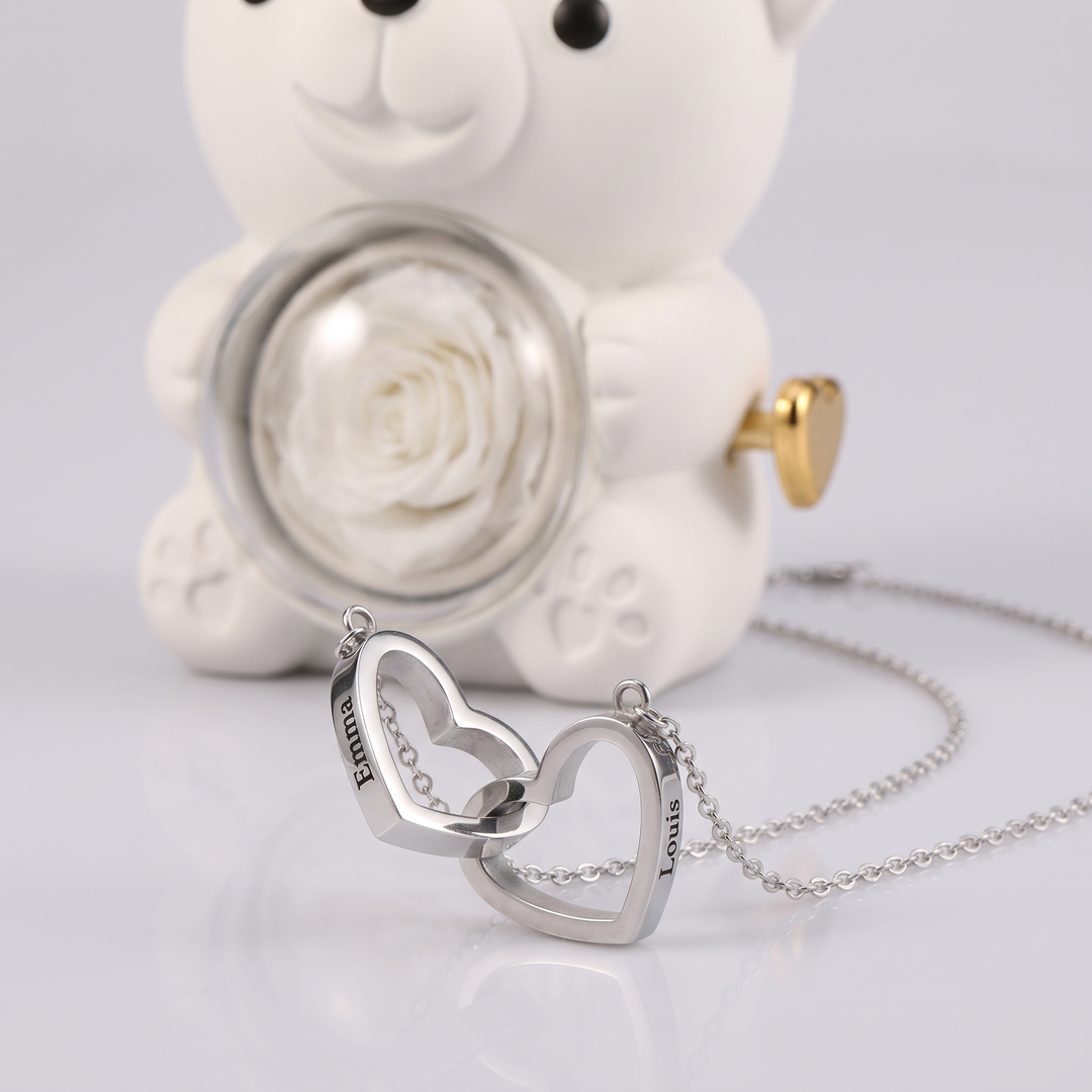Ours Rose éternelle & collier personnalisé