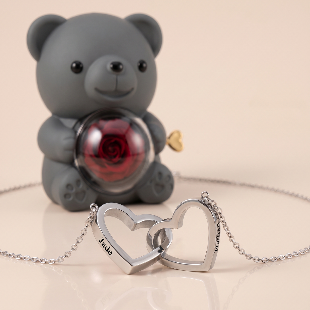 Ours Rose éternelle & collier personnalisé
