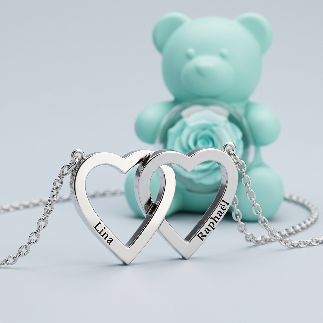 Ours Rose éternelle & collier personnalisé