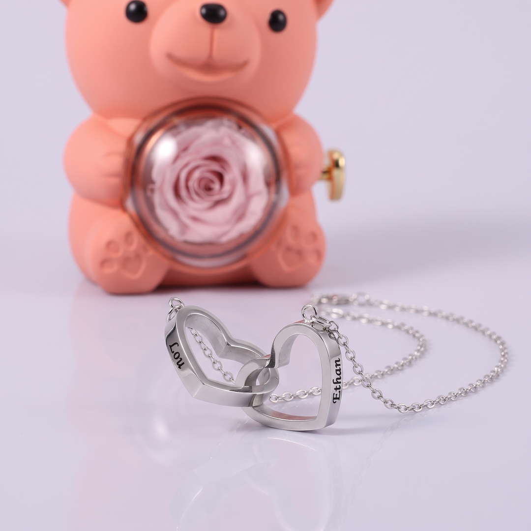Ours Rose éternelle & collier personnalisé