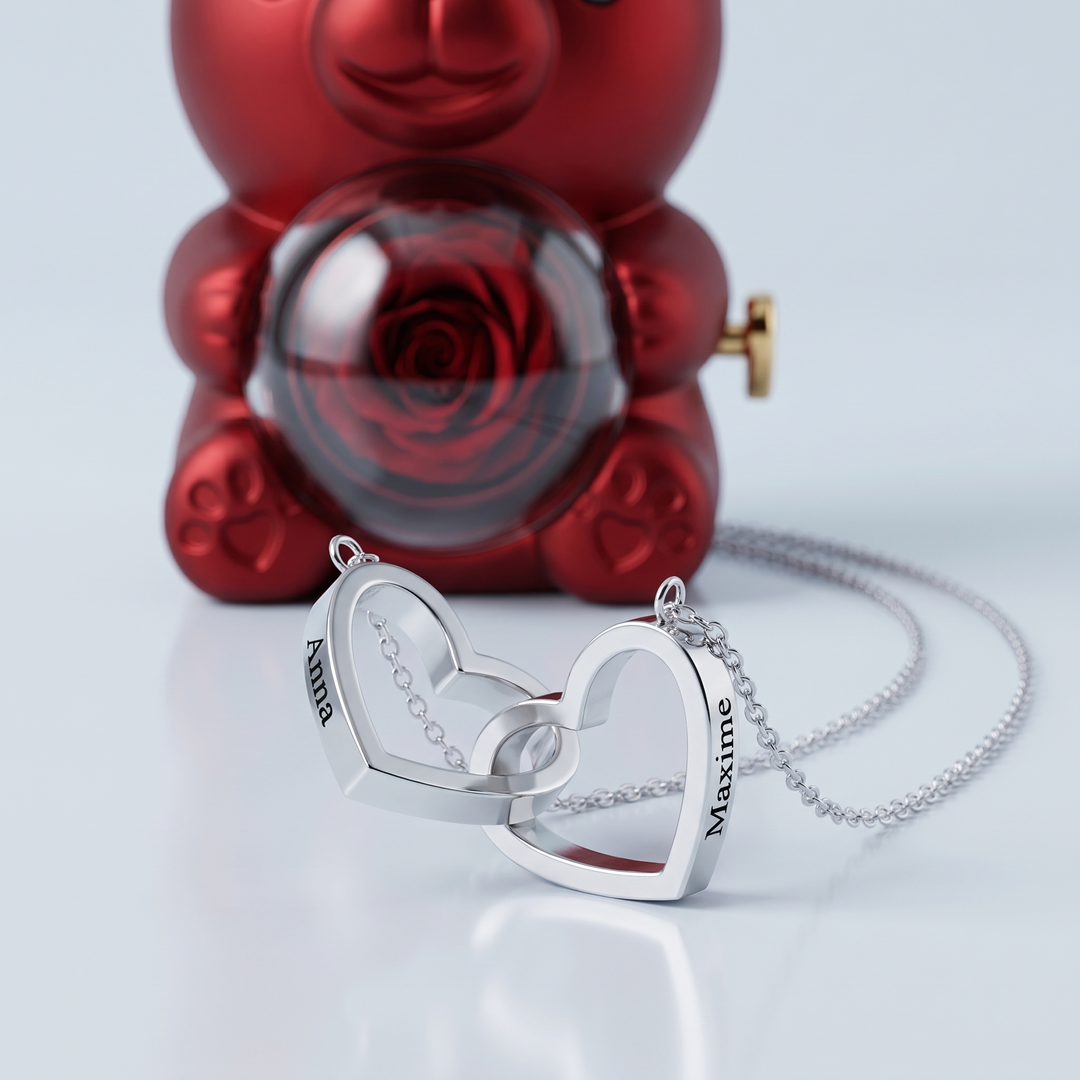 Ours Rose éternelle & collier personnalisé