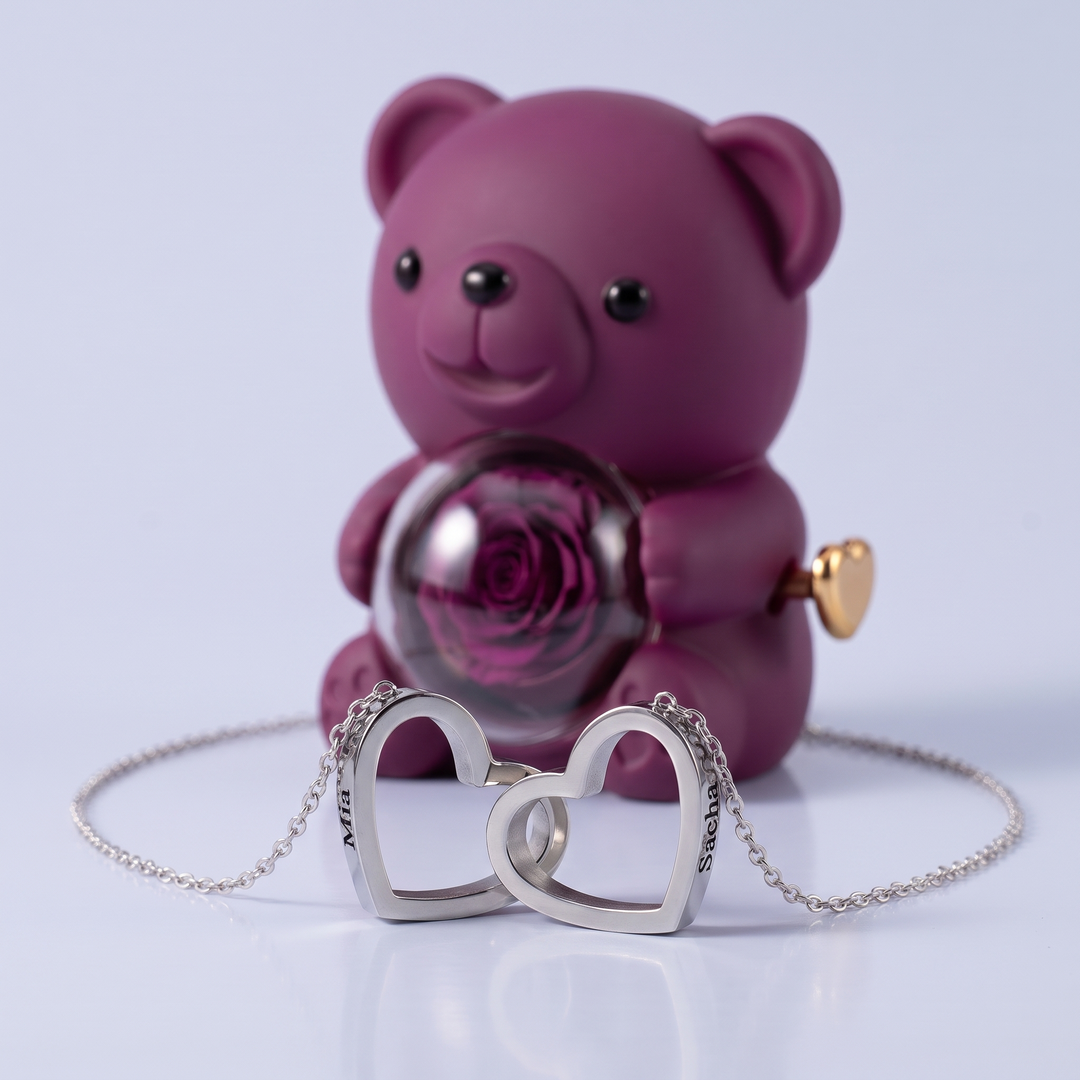 Ours Rose éternelle & collier personnalisé