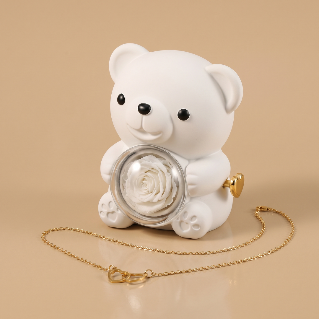 Ours Rose éternelle & collier personnalisé