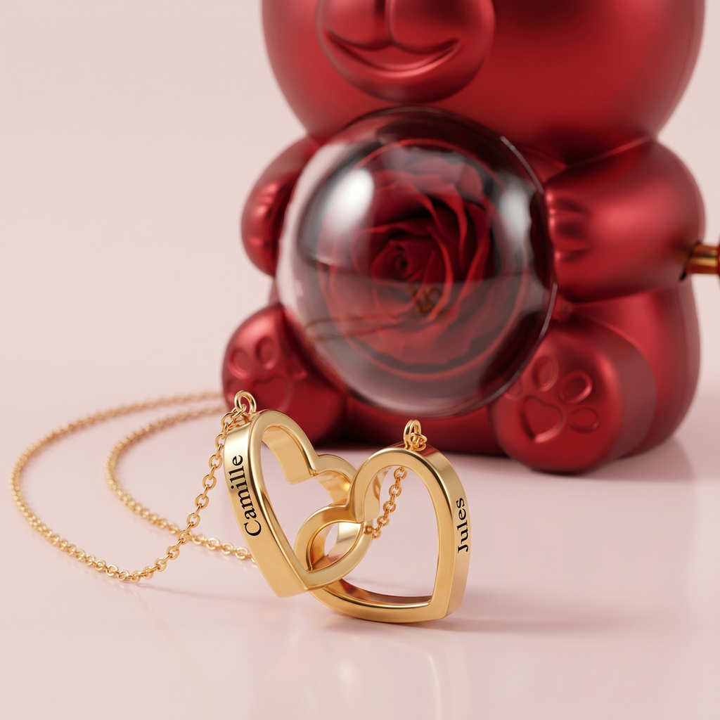 Ours Rose éternelle & collier personnalisé