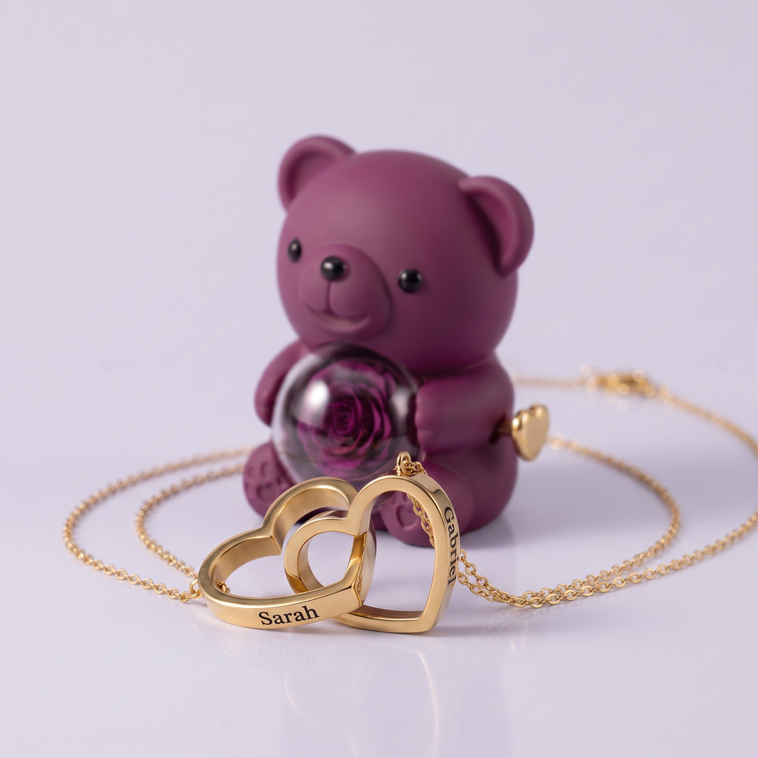 Ours Rose éternelle & collier personnalisé
