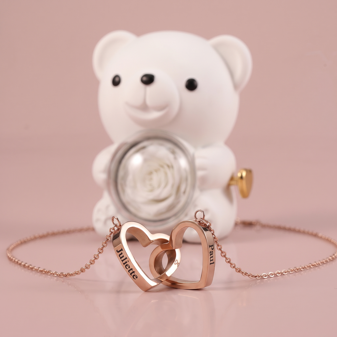 Ours Rose éternelle & collier personnalisé