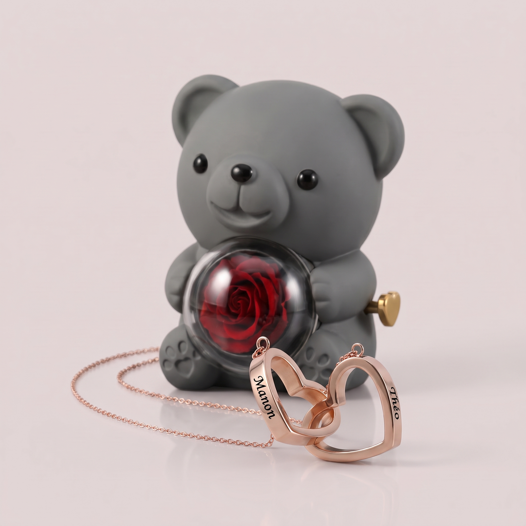 Ours Rose éternelle & collier personnalisé