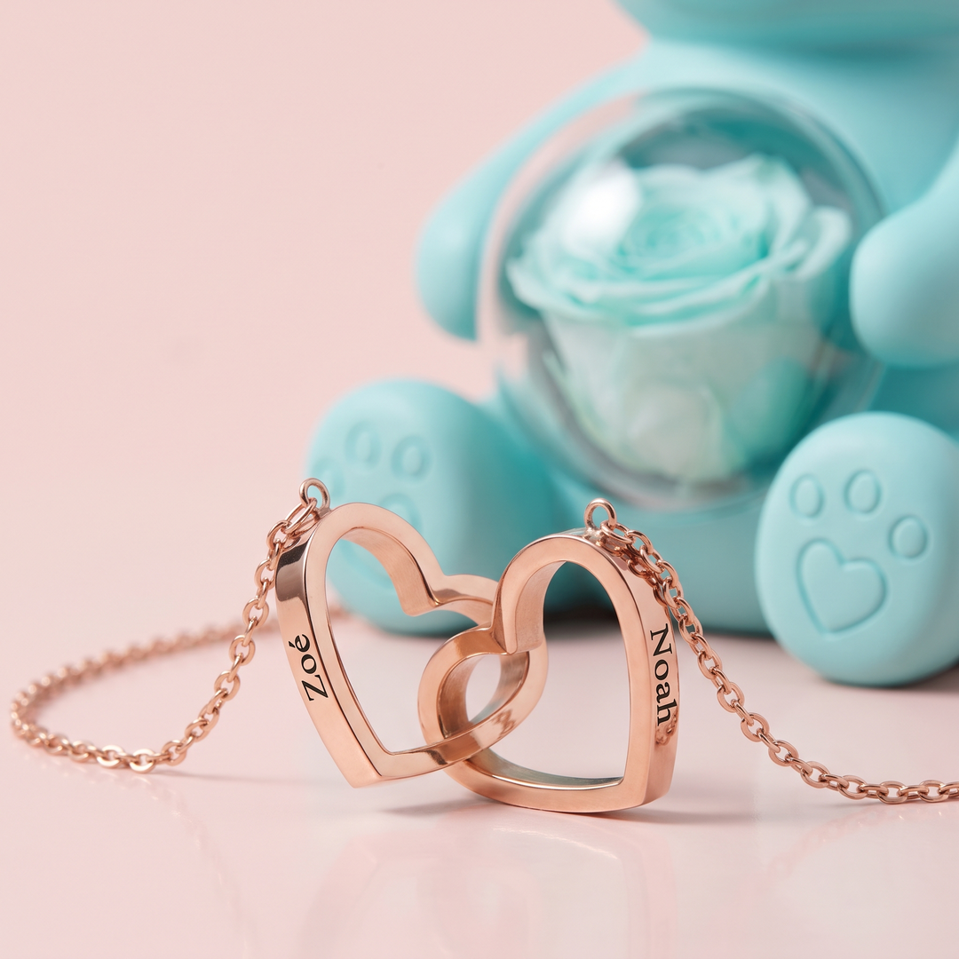 Ours Rose éternelle & collier personnalisé