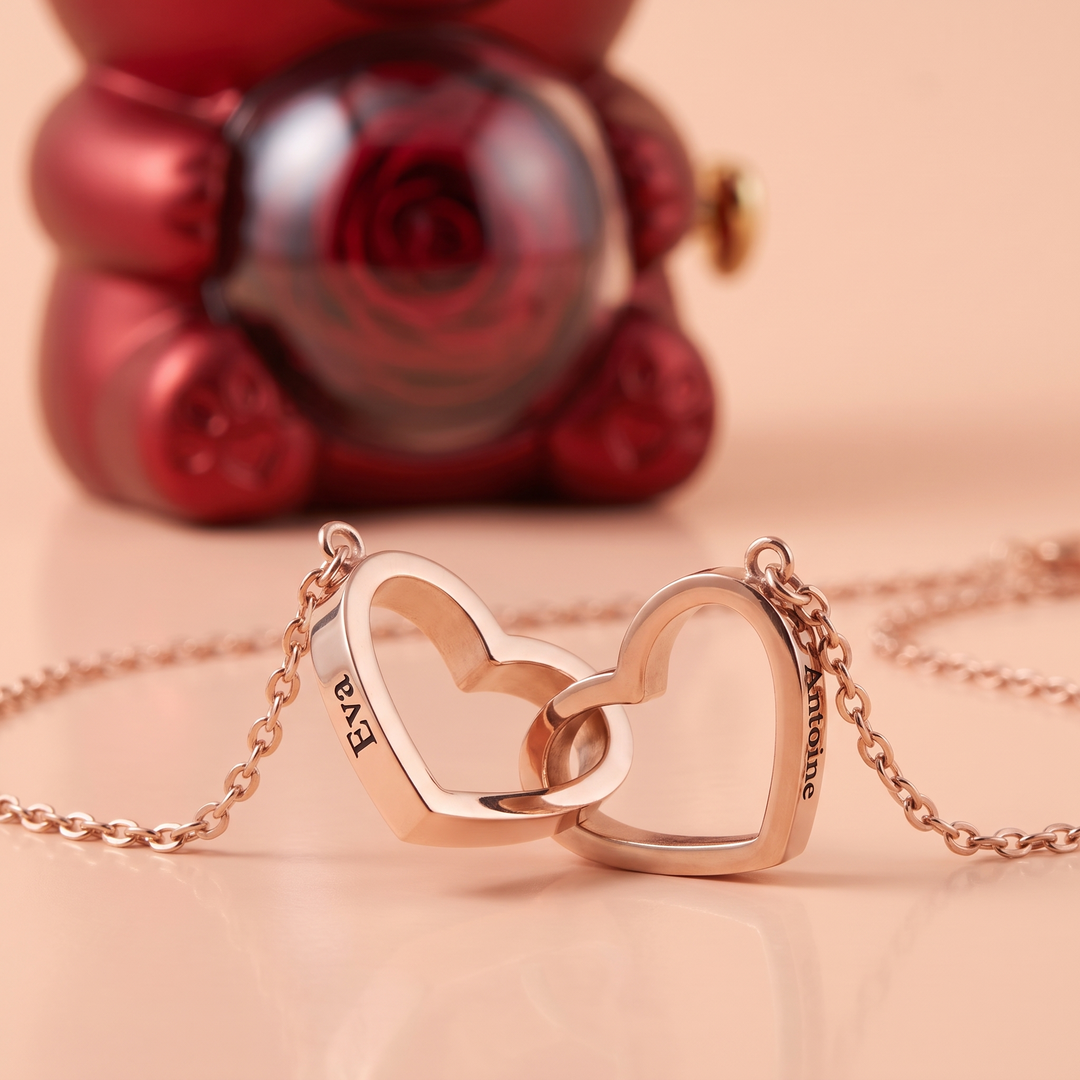 Ours Rose éternelle & collier personnalisé