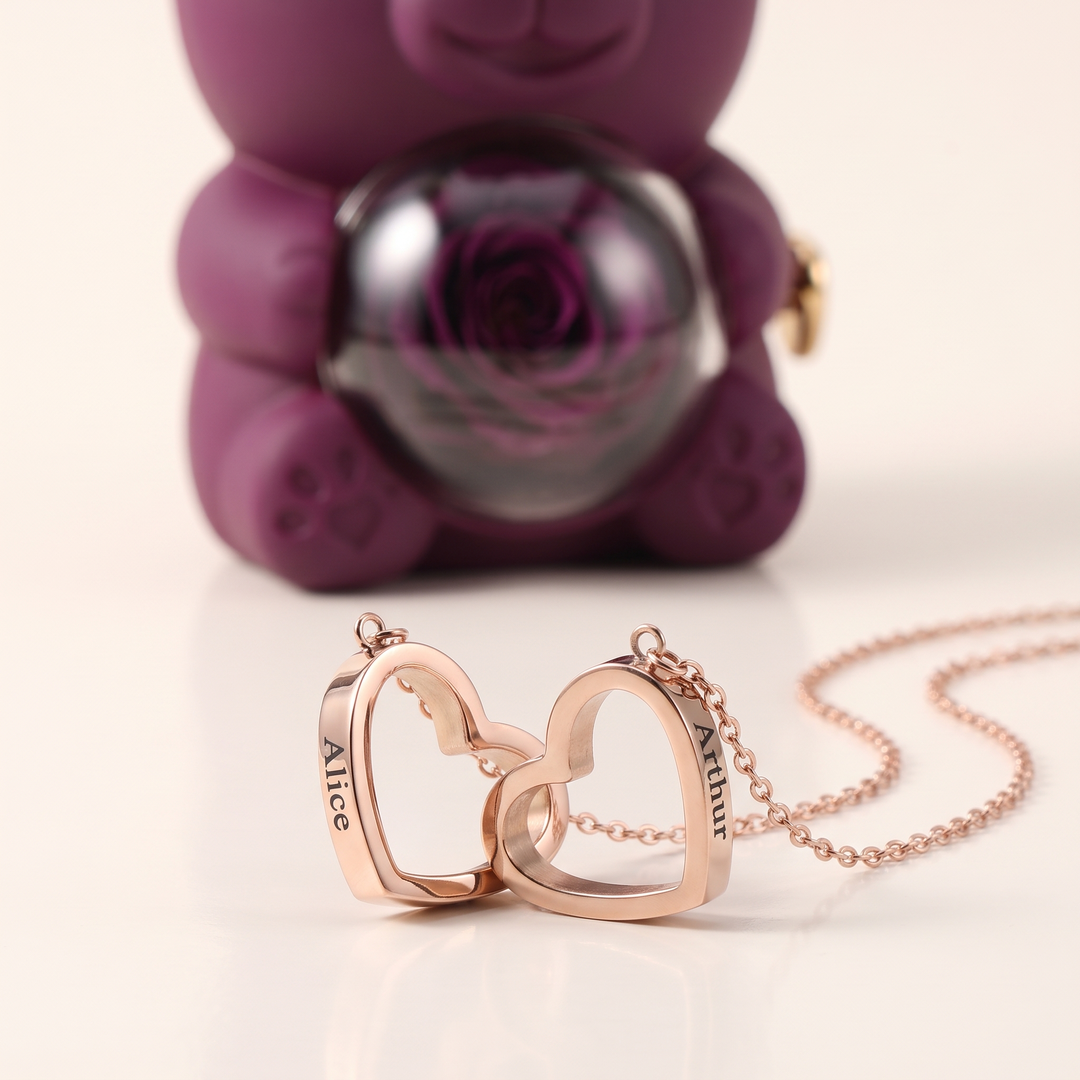 Ours Rose éternelle & collier personnalisé