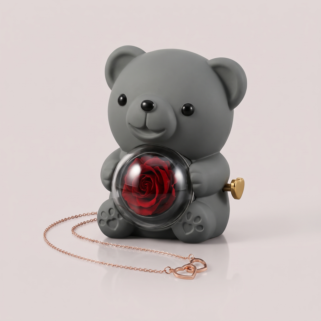 Ours Rose éternelle & collier personnalisé