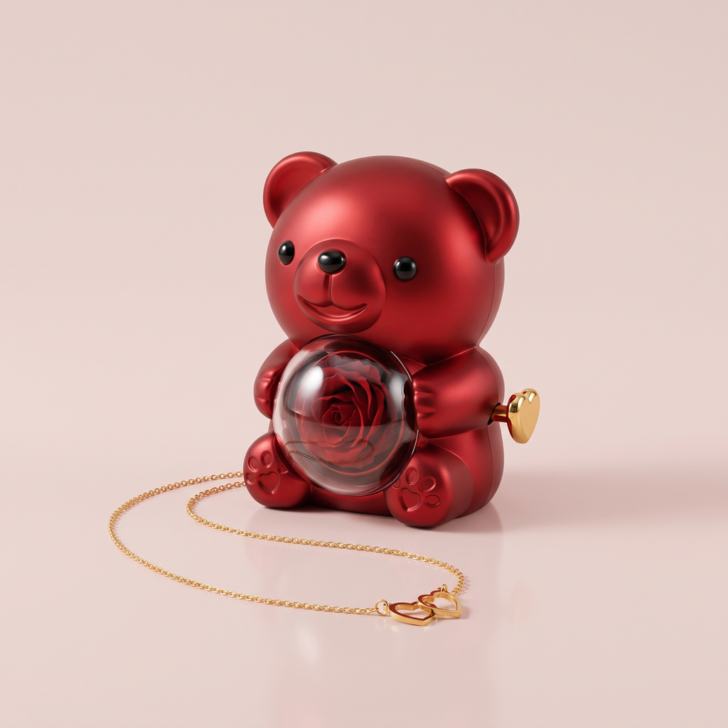 Ours Rose éternelle & collier personnalisé