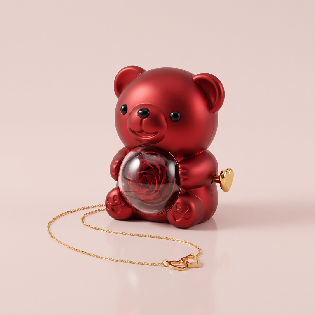 Ours Rose éternelle & collier personnalisé