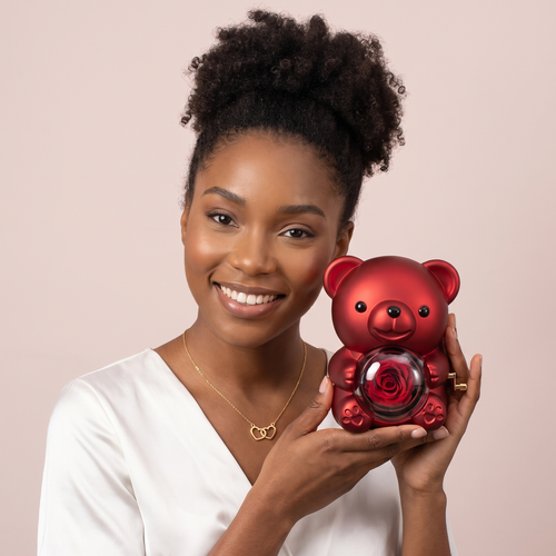 Ours Rose éternelle & collier personnalisé