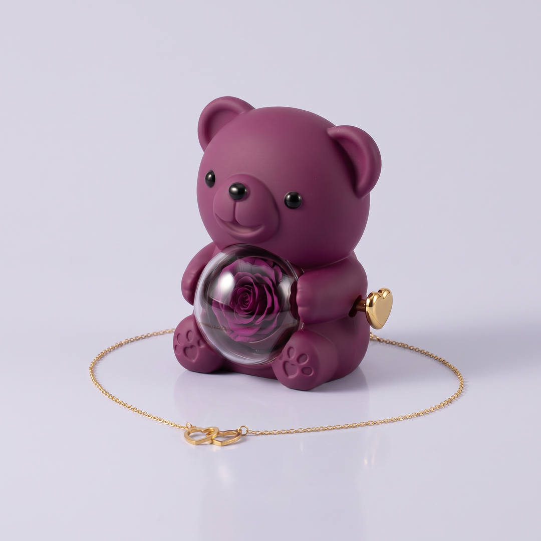 Ours Rose éternelle & collier personnalisé