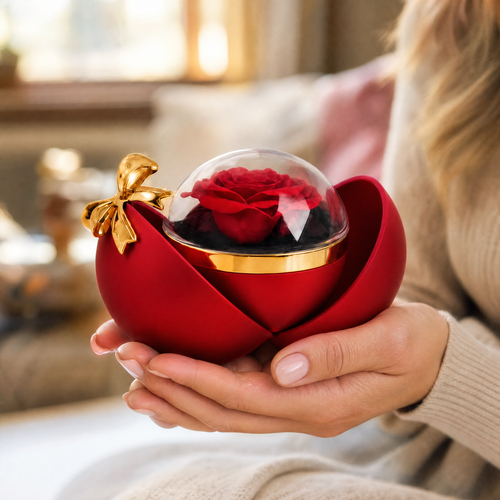 Rose éternelle en coffret globe tenue dans les mains