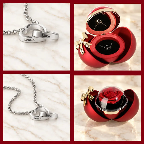 Rose éternelle en coffret globe – Collier double cœur avec gravure personnalisée